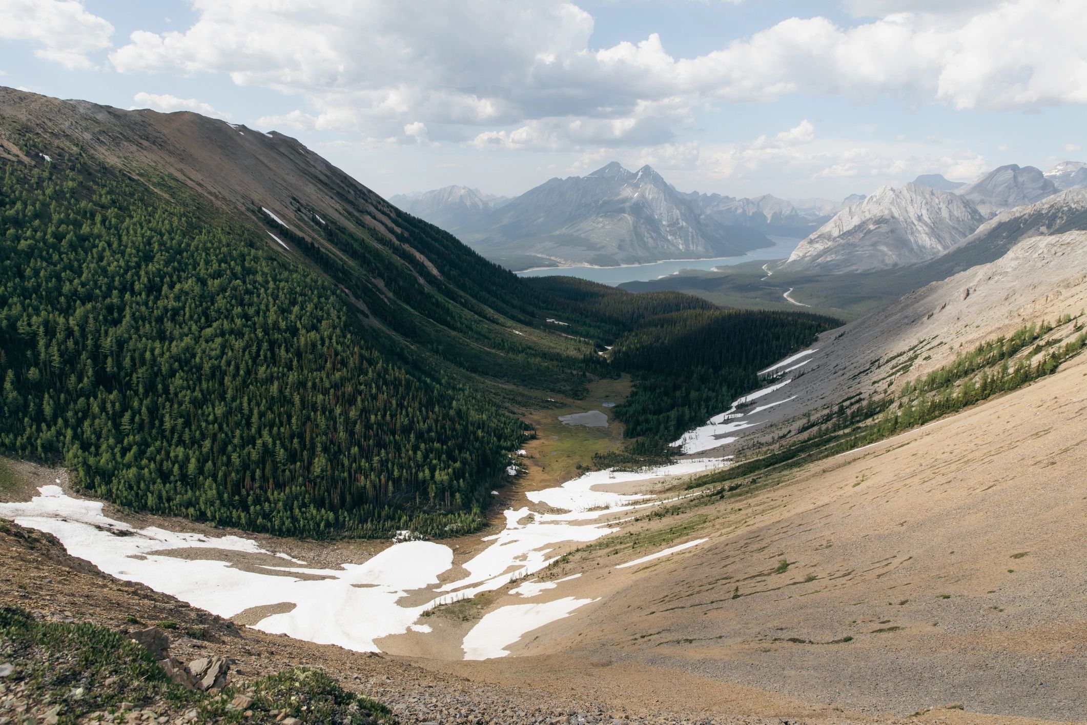 Alpine Mountain Valley Overlooking Forested Slopes and Distant Lake Under Cloudy Sky